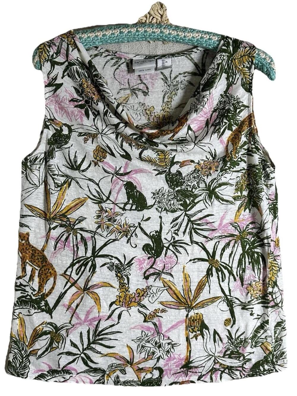 Rachel Zoe 100% Linen Jungle Print Cowl Neck Tank Top Summer Resort Quirky Sz L